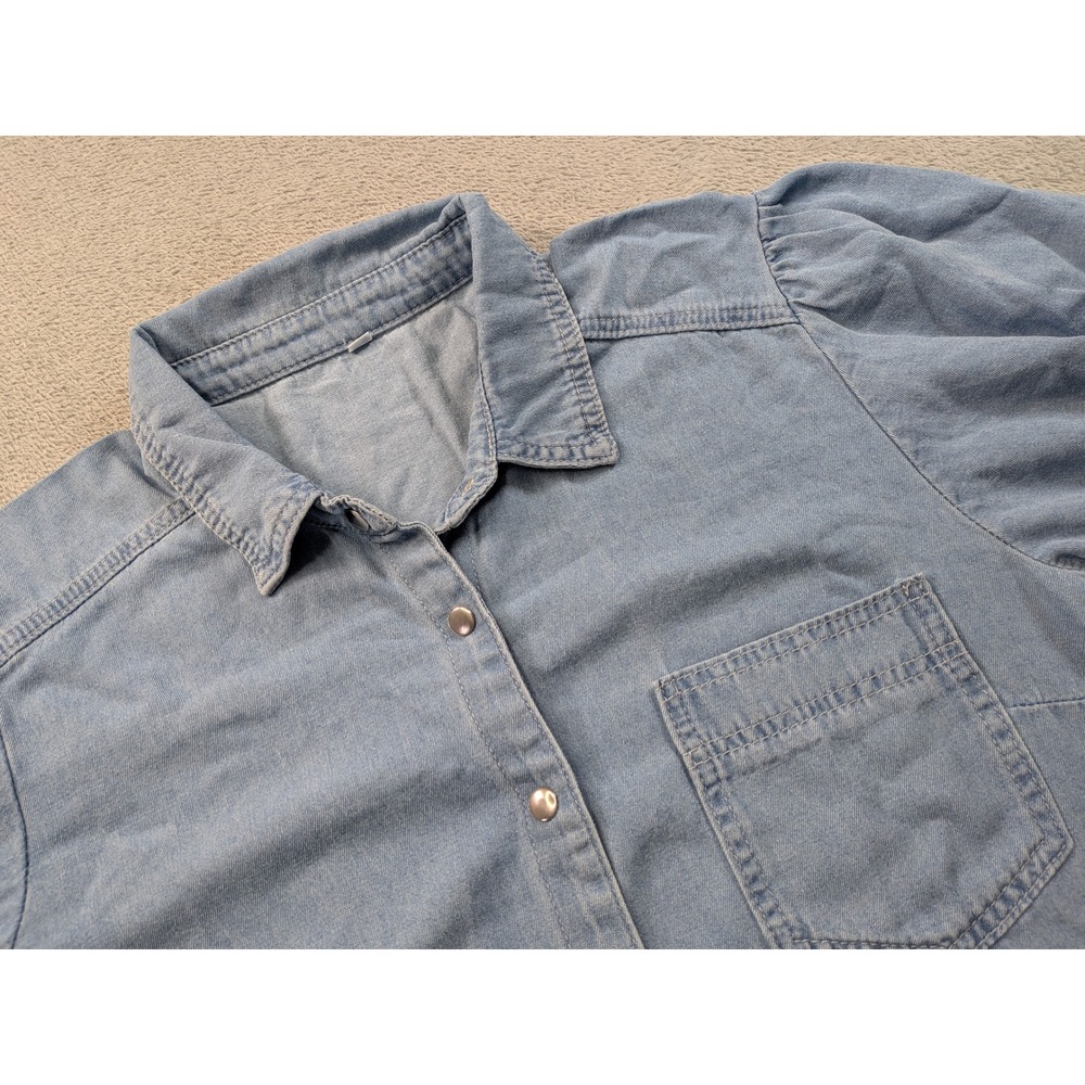 Womens Light Wash Chambray Denim Puff Sleeve Snap Button Up Shirt L FCLP3191
